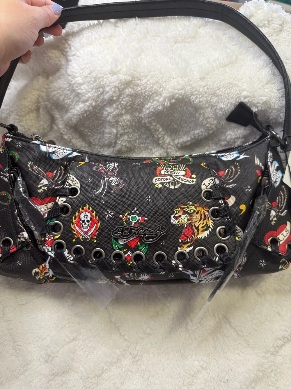 Ed Hardy Black Multicolor Tattoo-Print Crossbody Bag with Grommet Trim